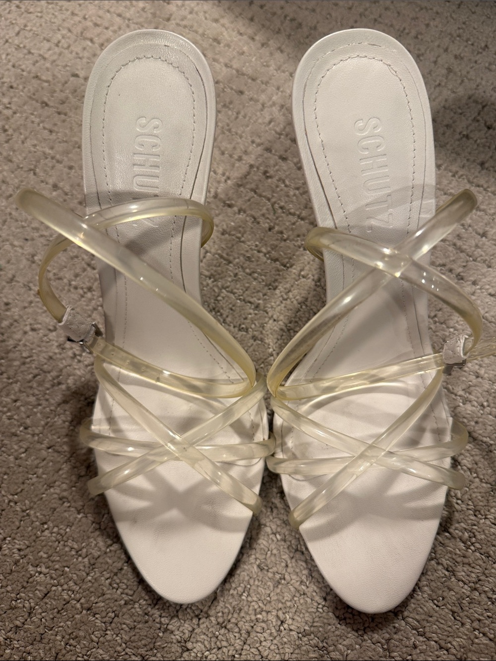 SCHUTZ White Slides with Clear Crisscross Straps